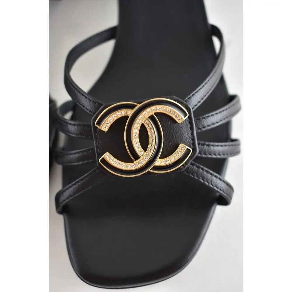 Chanel 25P Black Leather Crystal Gold CC Logo Ankle Strap Block Heel Sandal 37.5